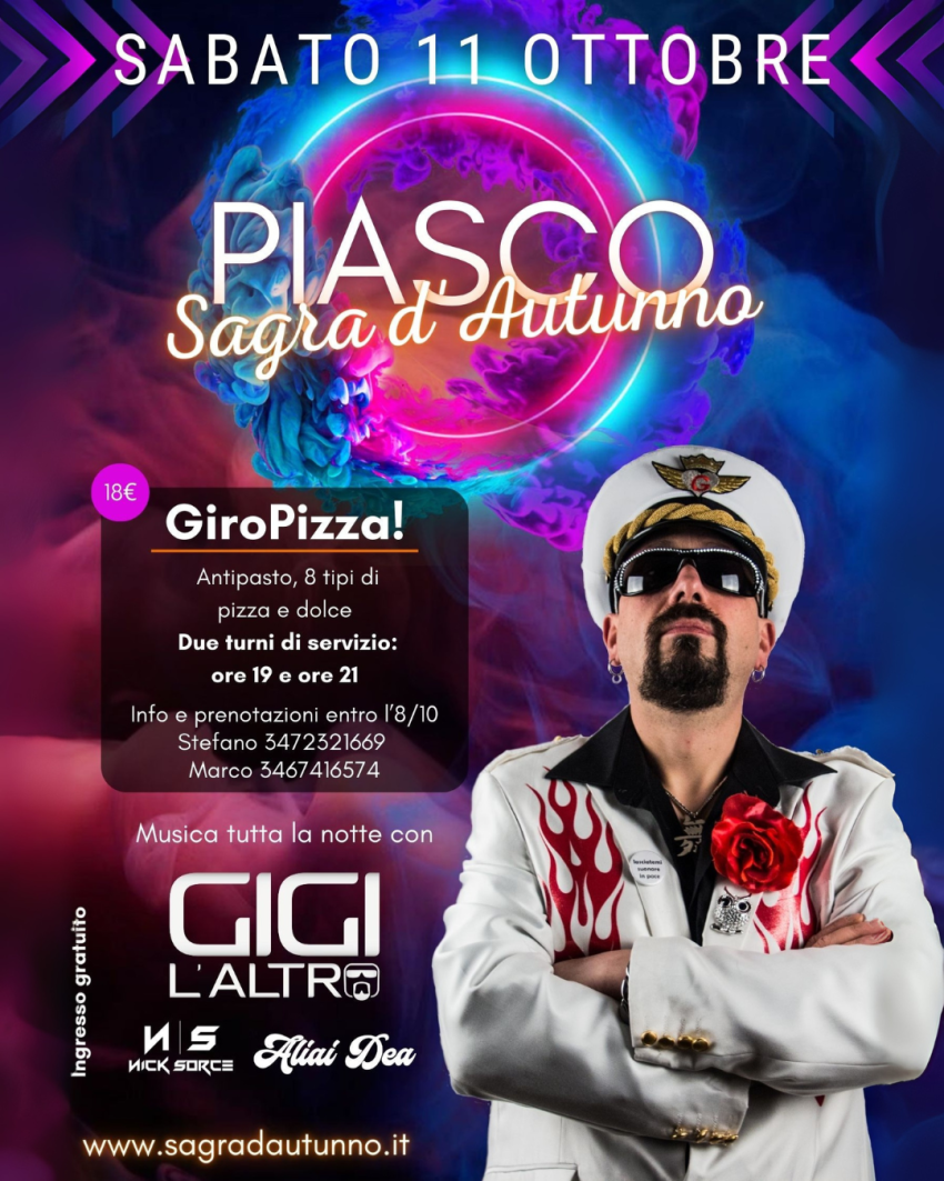 Giro Pizza! + Musica tutta la notte con Gigi l'altro! - Padiglione delle Feste - P.zza Biandrate, Piasco (CN) - SABATO 11 OTTOBRE - SAGRA D'AUTUNNO - PIASCO

Giro Pizza!+ Musica tutta la notte con Gigi l'altro!


ore 19:00 / 21:00
GiroPizza!

Antipasto, 8 tipi d...