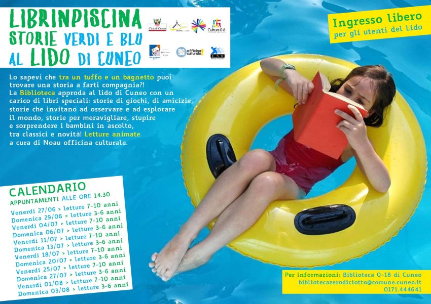 Librinpiscina - Lido di Cuneo (Stadio del nuoto), Via Porta Mondovì 7, Cuneo (CN) - Storie verdi e blu al Lido di Cuneo. Letture per bambini dai 3 ai 6 anni e dai 7 ai 10 anni. Lido di Cuneo (Stadio del nuoto), Via Porta Mondovì 7 CAL...