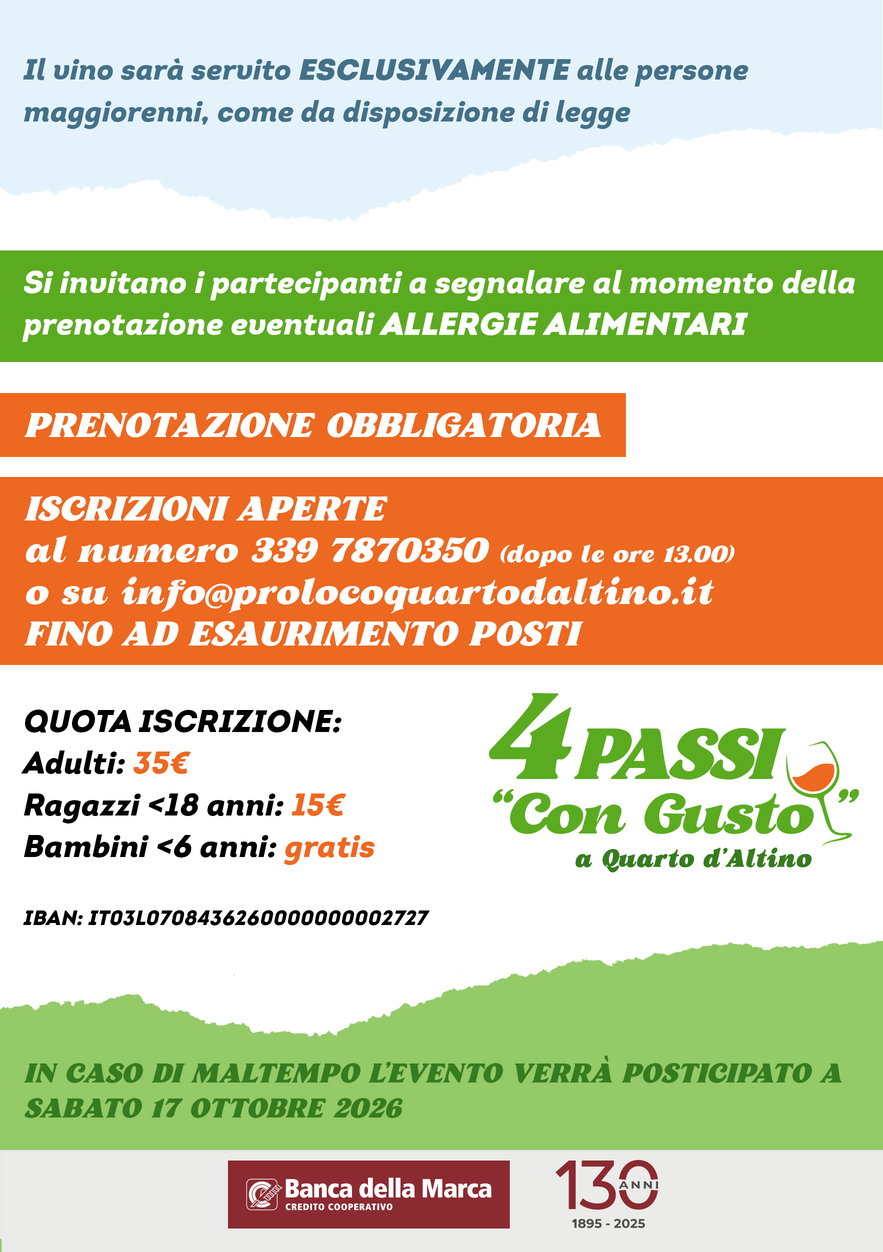 🍷🚶‍♀️ 4 PASSI "CON GUSTO" – 2ª EDIZIONE 🚶‍♂️🍷 - Quarto D'Altino, Quarto d'Altino (VE) - 
🍷🚶‍♀️ 4 PASSI CON GUSTO – 2ª EDIZIONE 🚶‍♂️🍷


 


Cosa fai l'11 ottobre? Se ti piace camminare e mangiare bene... la risposta è una sola: vieni c...