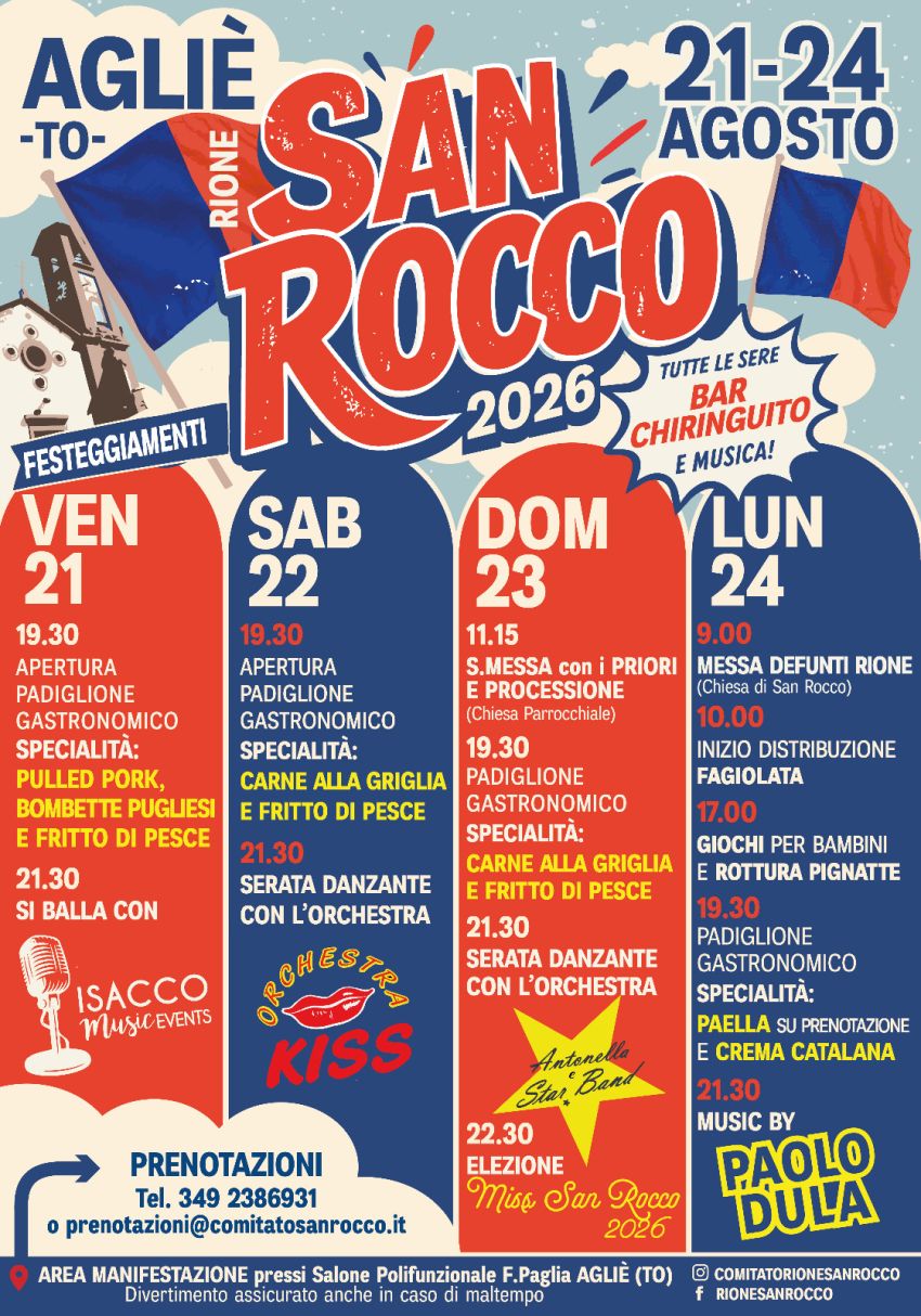 Festeggiamenti 2026 Rione San Rocco Agliè (TO) - Strada per Bairo, 2 Agliè (TO) 10011, Agliè (TO) - Festeggiamenti 2026 Rione San Rocco Agliè (TO) ❤️💙
4️⃣ giorni di festa sotto al nostro padiglione rossoblu con birra a fiumi🍻, chiringuito infuocato...