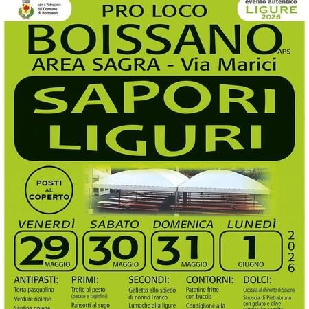Festa dei Sapori Liguri - Area Sagra Via Marici, Boissano (SV) - Dal 29 maggio al 1° giugno 2026 torna la grande festa dei Sapori Liguri nell’Area Sagra di Via Marici a Boissano.
Quattro serate dedicate alla cucina...