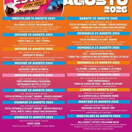 Festa patronale di Sant’Isidoro - Centro citta', Taggia (IM) - Giovedì 20 agosto 2026
Levà – Opere parrocchiali – ore 21:00
Festa patronale di Sant’Isidoro – Serata karaoke
A cura della Parrocchia Santi Frances...