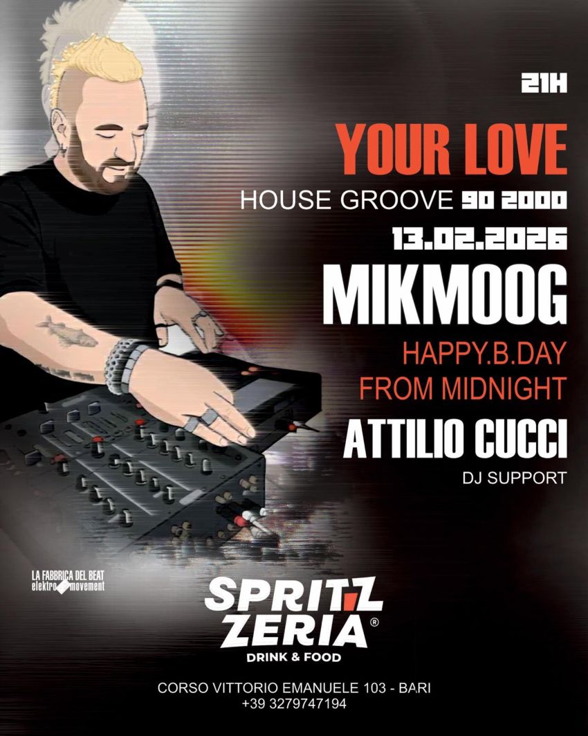 YOUR LOVE - compleanno di Mikmoog (michele Sciacovelli) - Corso Vittorio Emanuele 103 · Bari, Bari (BA) - YOUR LOVE ❤️🎉Venerdì sera 13 Febbraio 2026Dalle ore 21:00 fino a tarda notteUna serata speciale per festeggiare il compleanno di Mikmoog (michele Sci...