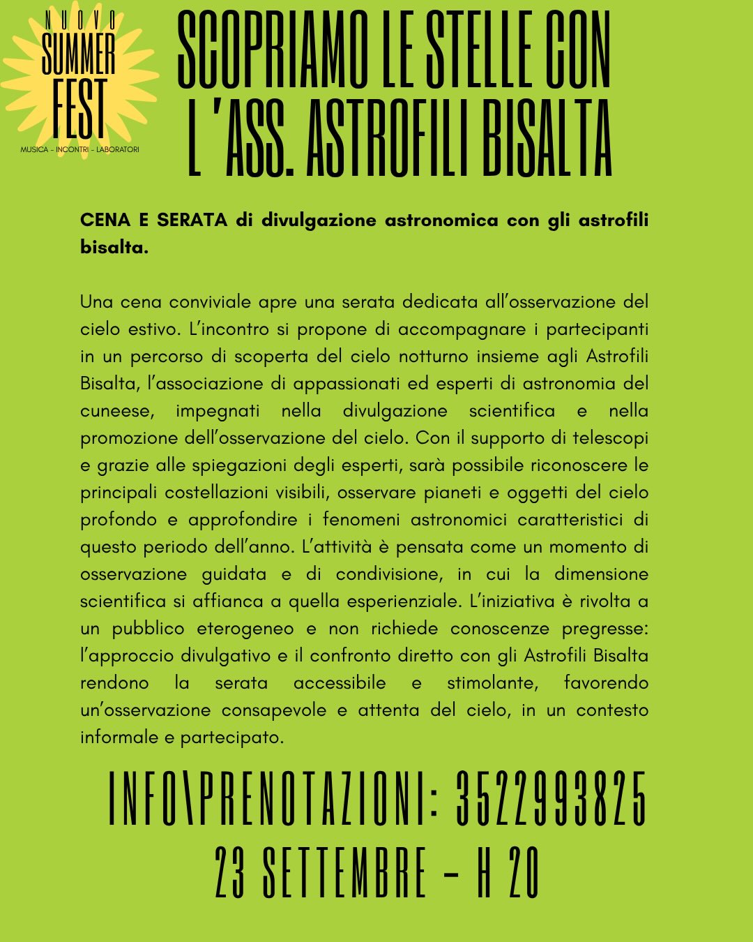 SCOPRIAMO LE STELLE CON L’ASS. ASTROFILI BISALTA - Via Parco della Gioventù (NUoVO Cuneo), Cuneo (CN) - SCOPRIAMO LE STELLE CON L’ASS. ASTROFILI BISALTA🗓️ 23 settembre | ore 20📍 NUoVO | Via Parco della Gioventù. CN☎️ Prenotati: 3522993825Con il contribu...
