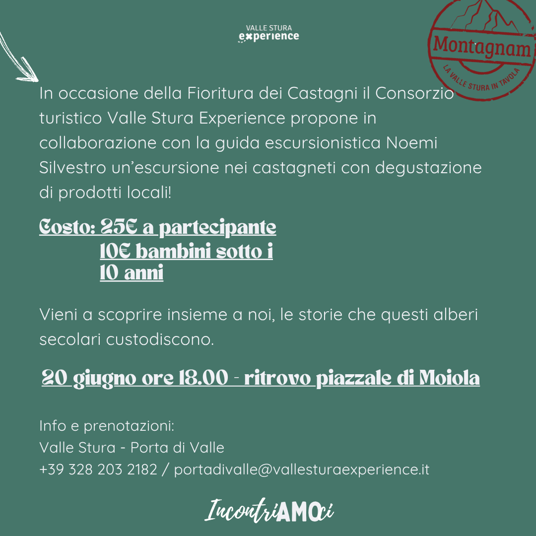 Escursione per la Festa della fioritura dei castagni - Piazzale, Moiola (CN) - 
Escursione nei Castagneti e degustazione di prodotti locali!

In occasione della Fioritura dei Castagni il Consorzio turistico Valle Stura Experience...
