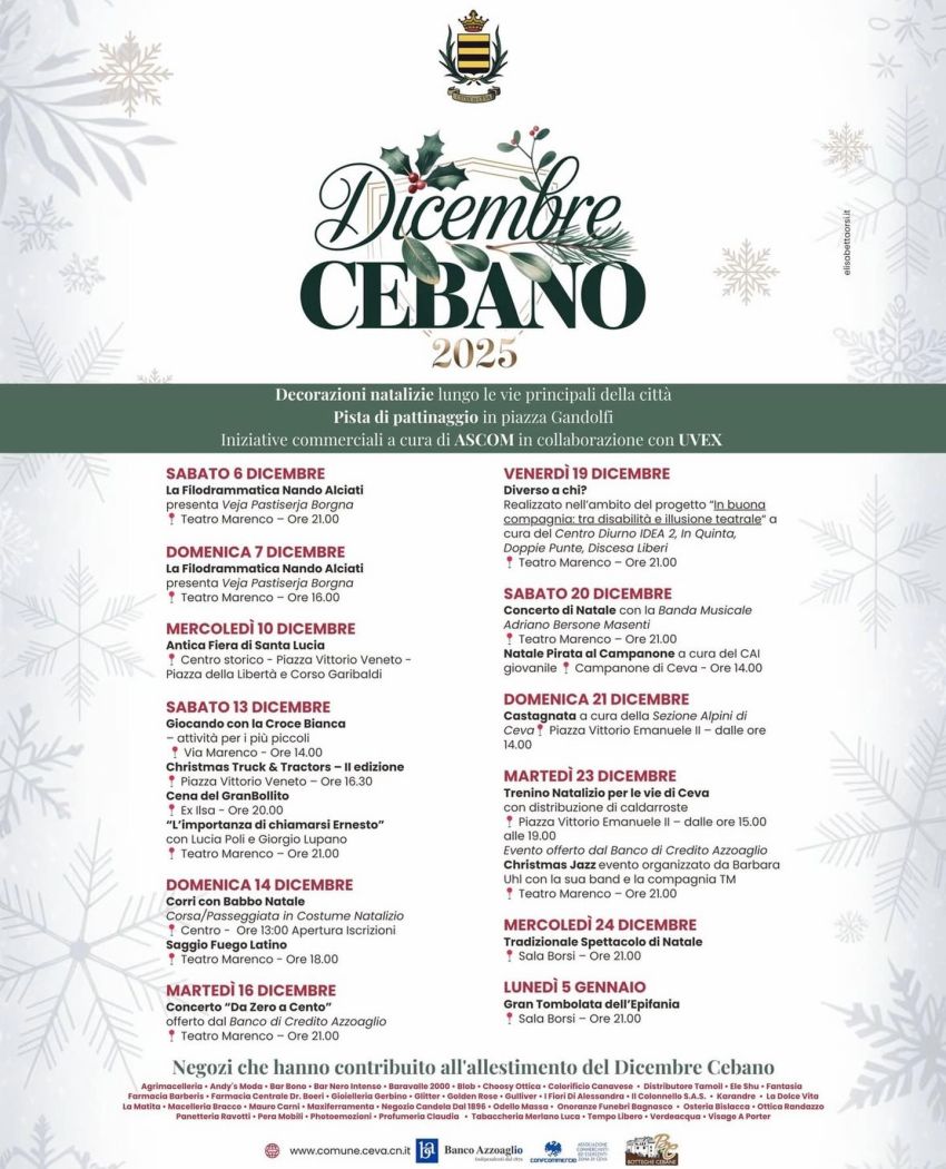 DICEMBRE CEBANO 2025 - Centro città, Ceva (CN) - 🎄✨ Dicembre Cebano 2025 ✨🎄Da sabato 20 dicembre fino all’Epifania, Ceva si riempie di musica, tradizioni e divertimento per grandi e piccoli 🎶🔥...