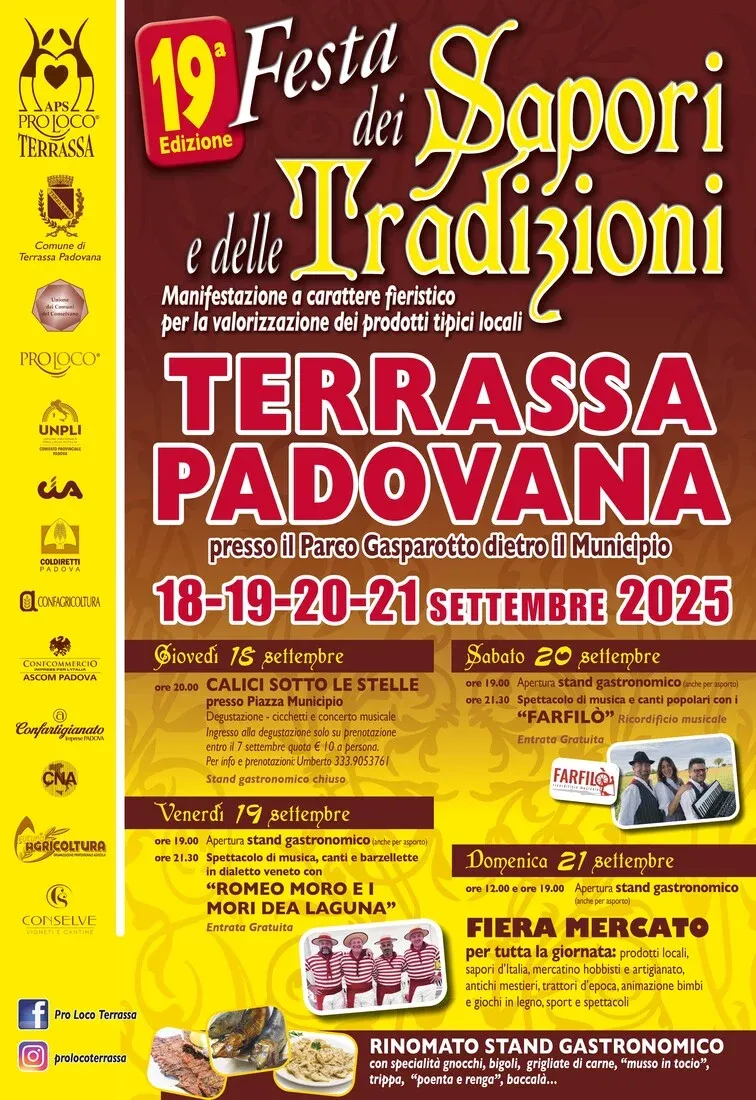 Festa dei Sapori e delle Tradizioni a Terrassa Padovana - Parco Gasparotto, Terrassa Padovana (PD) - La Pro Loco di Terrassa Padovana (PD) vi invita ad un imperdibile evento di fine estate: la Festa dei Sapori e delle Tradizioni. L'evento è organizzat...