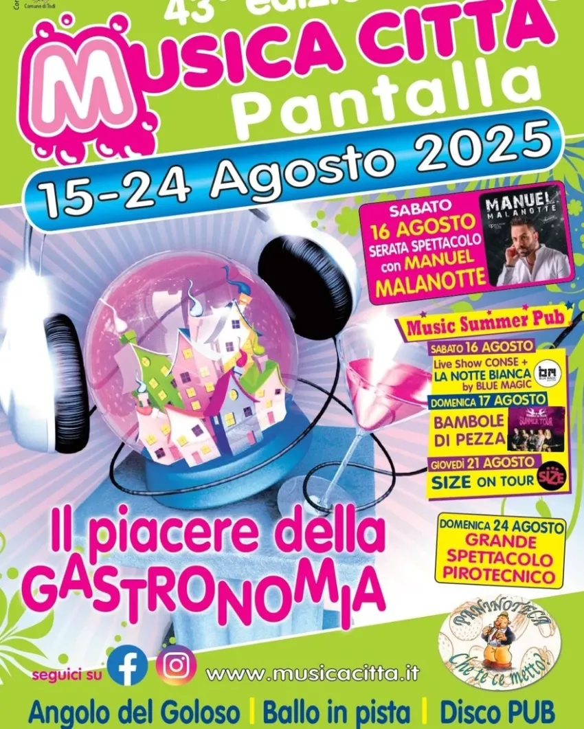 Musica Città Pantalla - Centro città, Todi (PG) - Musica Città Pantalla è una festa paesana che offre un ampio spazio per gustare l'ottima gastronomia tipica della cucina umbra, ballo in ampia pista c...