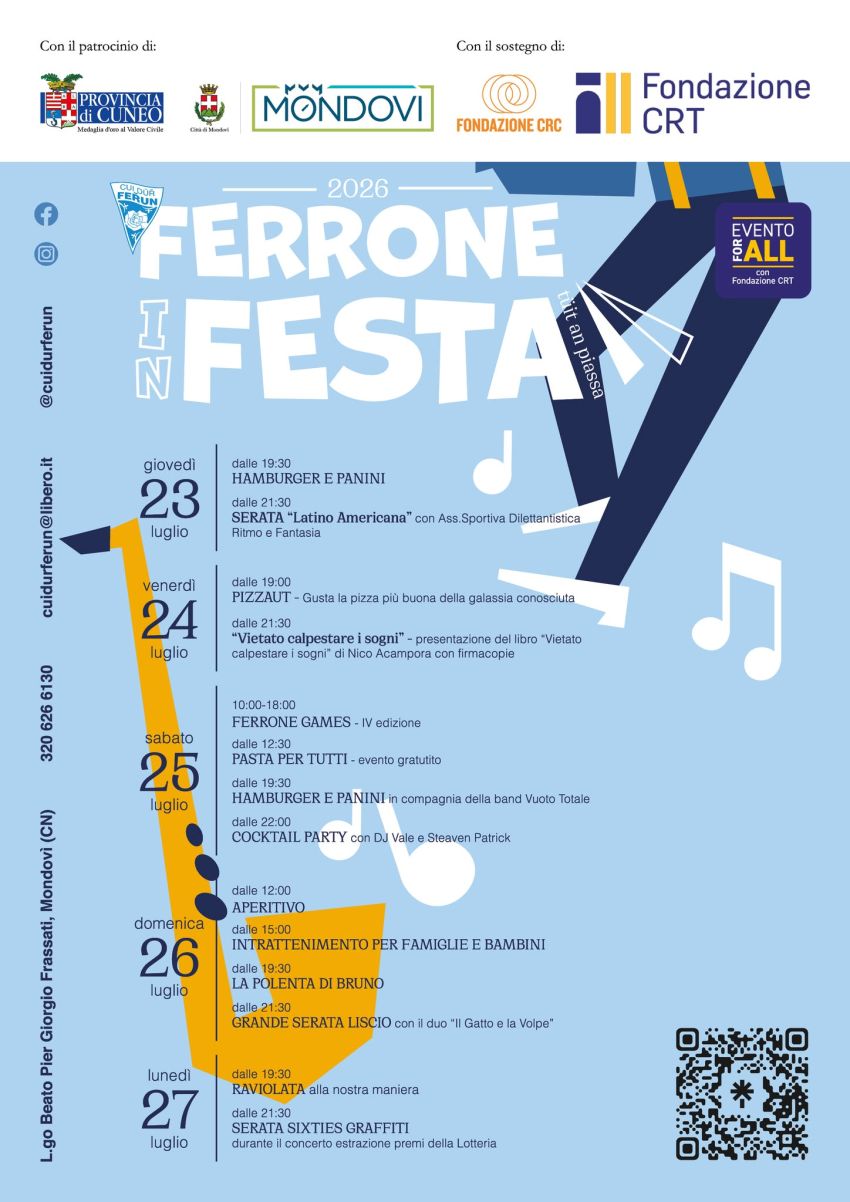 FERRONE IN FESTA - Ferrone - Mondovì, Mondovì (CN) - A Mondovì torna Ferrone in Festa! La tradizionale festa popolare del rione si terrà da giovedì 23 a domenica 27 luglio, un momento di aggregazione e i...