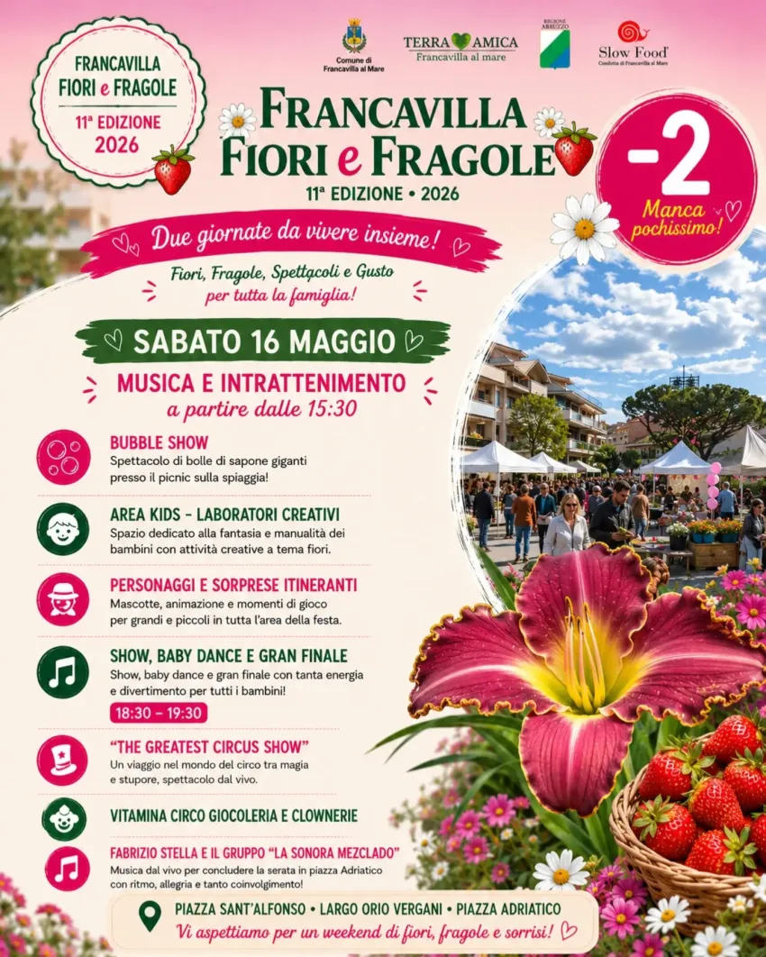 FIORI E FRAGOLE - Piazza Sant'Alfonso - Largo Orio Vergani - Piazza Adriatico, Francavilla al Mare (CH) - 🌸 FIORI E FRAGOLE 🌸Manca pochissimo. I motori sono accesi, gli stand prendono forma e Piazza Sant'Alfonso comincia ad agghindarsi per la festa. 🍓🌷...