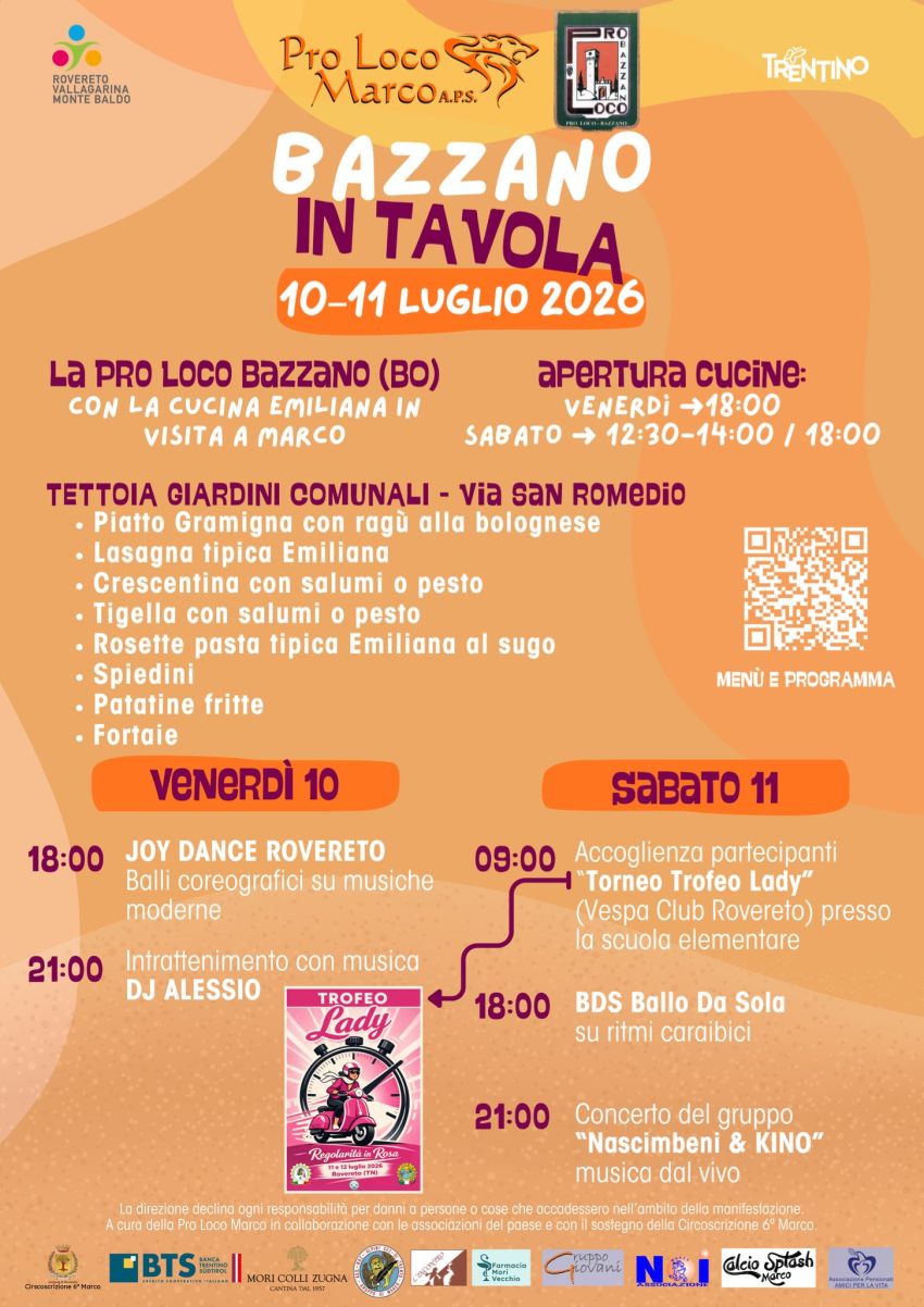 Bazzano in Tavola 2026 - Via Due Novembre, 7, Rovereto (TN) - Bazzano in Tavola - Evento Gastronomico e Culturale
Il 10 e 11 luglio 2026, la Pro Loco Marco A.P.S. vi invita alla manifestazione Bazzano in Tavola,...