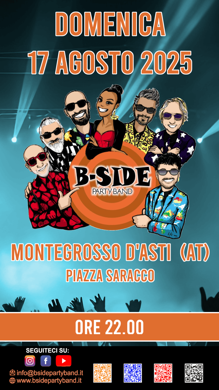 Bside Party Band live @ Montegrosso (AT) - Presso "Il treno tra le vigne" - Via del Giardino, Montegrosso d'Asti (AT) - Bside Party Band live a Montegrosso d’Asti (AT) — 17 agosto 2025! 
La serata più attesa dell’estate arriva a Montegrosso d’Asti, in provincia di Asti!...