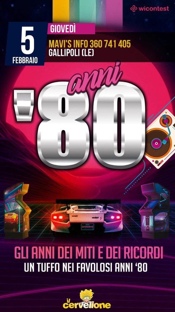 Gli Anni Dei Miti e Dei Ricordi - Via Pier Paolo Pasolini 11 (Mavi's), Gallipoli (LE) - 🚨 RIMETTI LA CASSETTA… SI TORNA NEGLI ANNI ’80 🚨
Giovedì 5 Febbraio da Mavi’s – Gallipoli facciamo un salto nel decennio delle hit sparate a tutto...