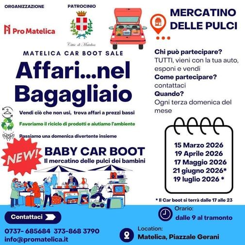 Matelica Car Boot Sale - Piazzale Gerani, Matelica (MC) - Torna a Matelica il mercatino dedicato al riuso e al riciclo! Matelica Car Boot Sale è l’evento aperto a tutti dove puoi vendere ciò che non usi più d...