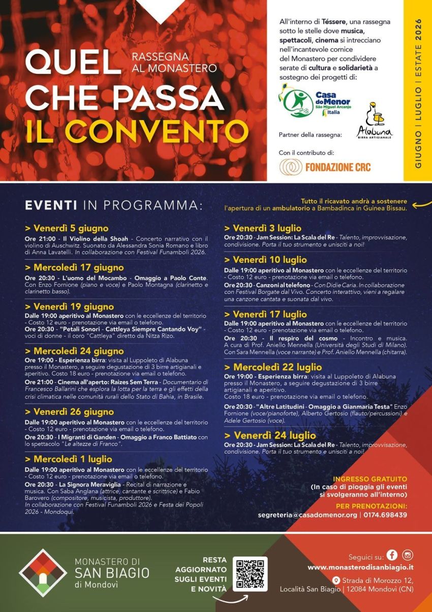 QUEL CHE PASSA IL CONVENTO - Monastero di San Biagio - Mondovì, Mondovì (CN) - Torna la tradizionale rassegna estiva di Tessere, dal 5 giugno al 24 luglio, con serate di musica, incontri, spettacoli e cinema sotto le stelle al Mo...