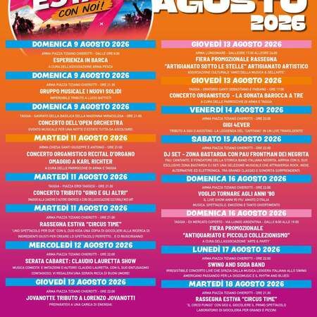 Musica Live - Piazza Tiziano Chierotti, Taggia (IM) - Lunedì 17 agosto 2026
Arma – Piazza Tiziano Chierotti – ore 22:00
Swing and Soda Band
Irresistibile concerto live che spazia dalla musica leggera i...