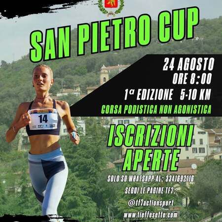 CORSA PODISTICA NON AGONISTICA - Centro citta', Diano San Pietro (IM) - SAN PIETRO CUP  
24 AGOSTO  
ORE 8:00  
1ª EDIZIONE 5-10 KM  
CORSA PODISTICA NON AGONISTICA  
ISCRIZIONI APERTE  
SOLO SU WHATSAPP AL: 33416921...