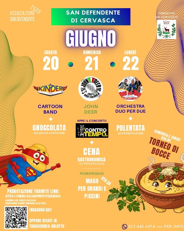  SAN DEFENDENTE DI CERVASCA IN FESTA!  - Frazione San Defendente di Cervasca, Cervasca (CN) - 🥳 SAN DEFENDENTE DI CERVASCA IN FESTA! 🥳
Segnate le date sul calendario: Sabato 20, Domenica 21 e Lunedì 22 Giugno arrivano tre giorni imperdibili d...
