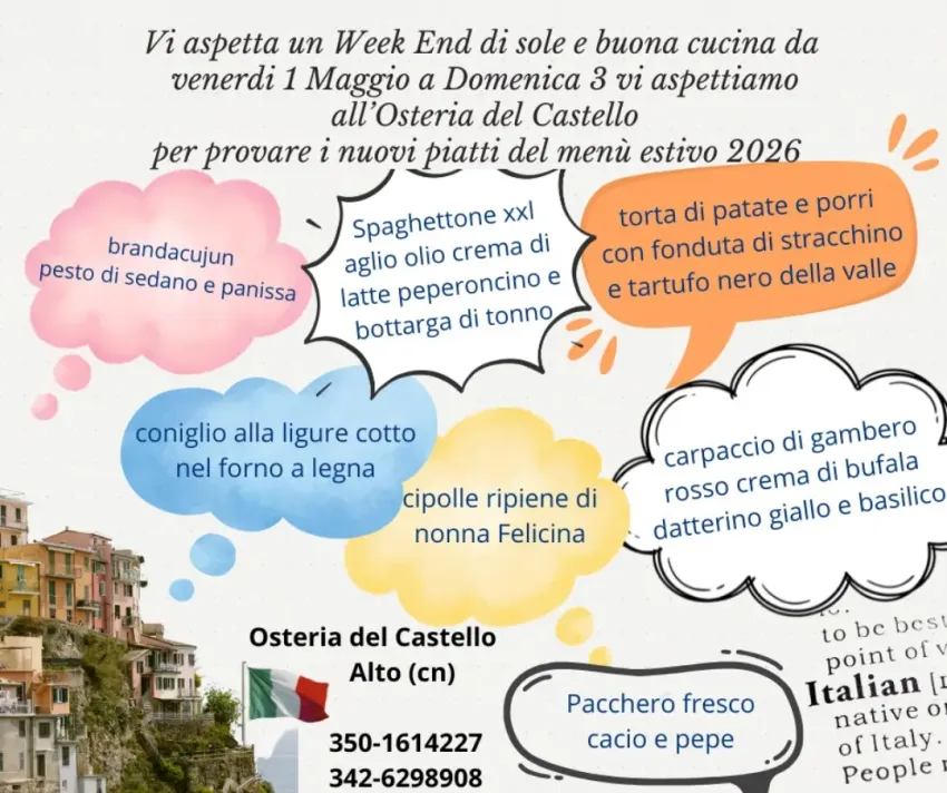 Nuovi piatti del menù estivo 2026 - Osteria del Castello - Via Castello 1 (Osteria del Castello), Alto (CN) - Venerdì 1 Maggio faremo la prova del menù estivo 2026!Vi aspettiamo numerosi