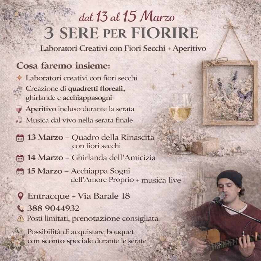3 SERE PER FIORIRE - Via Barale 18, Entracque (CN) - 🌸 3 SERE PER FIORIRE – Laboratori Creativi con Fiori Secchi + AperitivoDal 13 al 15 Marzo ti aspetto da Esmeralda Officina dei Fiori a Entracque per...