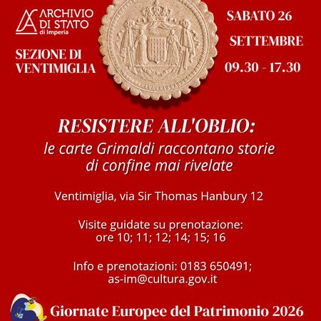 Giornate Europee del Patrimonio - Archivio di Ventimiglia via Hanbury 12, Ventimiglia (IM) - 26-27 settembre: tornano le Giornate Europee del Patrimonio (GEP 2026)
Sabato 26 e domenica 27 settembre 2026 si svolgeranno le Giornate Europee del...