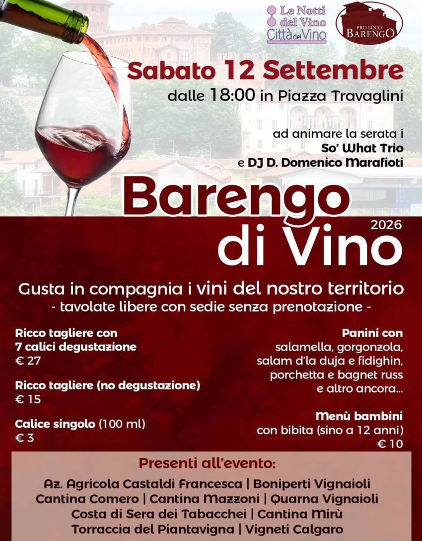 Barengo diVino - Piazza Travaglini, Barengo (NO) - 
 




➡️ Sabato 12 Settembre dalle ore 18:00 ti aspettiamo alla Barengo diVino 🍇🍷
🎪 Tavolate in piazza Travaglini per un'aperi-cena coi vini del n...