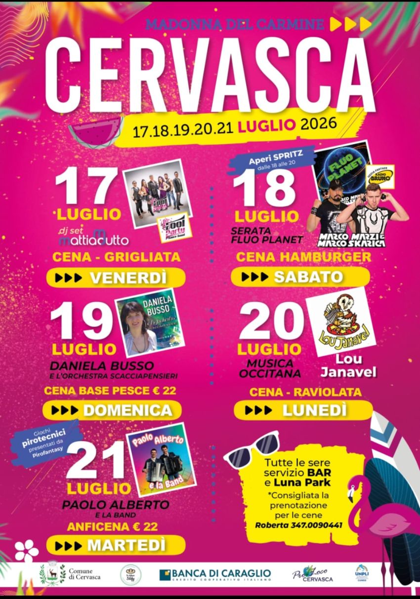 Cervasca Fest - Piazza Bernardi, Cervasca (CN) - Tornano i festeggiamenti per la festa della Madonna del Carmine a Cervasca!
Siete pronti?🚀
📍: Piazza Bernardi, Cervasca (nei pressi di al Cetty Bar)...