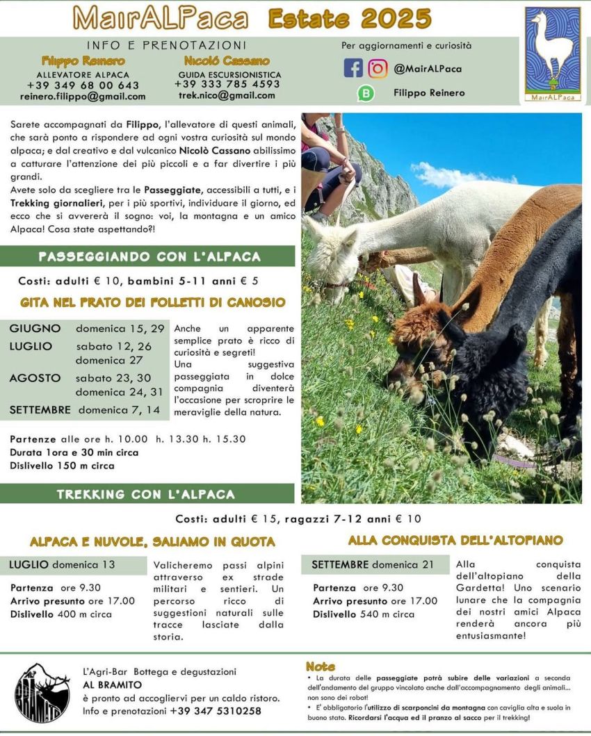 Passeggiando con l'alpaca - ALPACA E NUVOLE, SALIAMO IN QUOTA - MairALPaca, Canosio (CN) - Valicheremo passi alpini attraverso ex strade militari e sentieri.Un percorso ricco sdi suggestioni naturali sulle tracce lasciate dalla storia.
Parte...