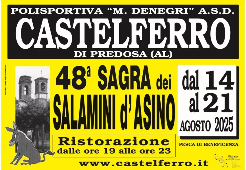 Sagra dei Salamini d'Asino a Castelferro - Castelferro, Predosa (AL) - Verso ferragosto ritorna a Castelferro la tradizionale Sagra dei Salamini d’Asino, la famosa specialità locale che non potrete trovare altrove durante...