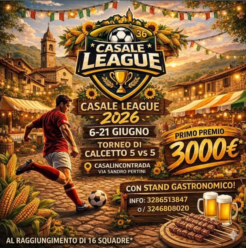 1^EDIZIONE "CASALE LEAGUE" - CASALINCONTRADA, via Sandro Pertini, Casalincontrada (CH) - ⚽️1^EDIZIONE “CASALE LEAGUE”📆 6-21 GIUGNO🏟️ INAUGURAZIONE NUOVO IMPIANTO SPORTIVO!!📍CASALINCONTRADA, via Sandro Pertini🍔STAND GASTRONOMICOQuota di...