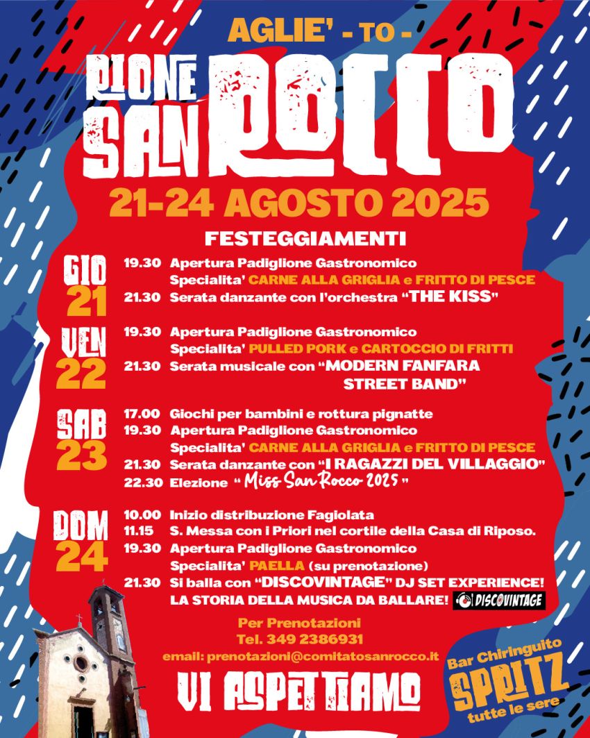 Festeggiamenti 2025 Rione San Rocco Agliè - Strada per Bairo, 2 - Agliè (TO) (Salone Alladium/Salone Comunale Arch. F. Paglia), Agliè (TO) - Comitato Rione San Rocco Agliè (Instagram)
Rione San Rocco Agliè (Facebook)
Un Comitato in festa nelle nostre 4 consuete serate di festeggiamenti cond...