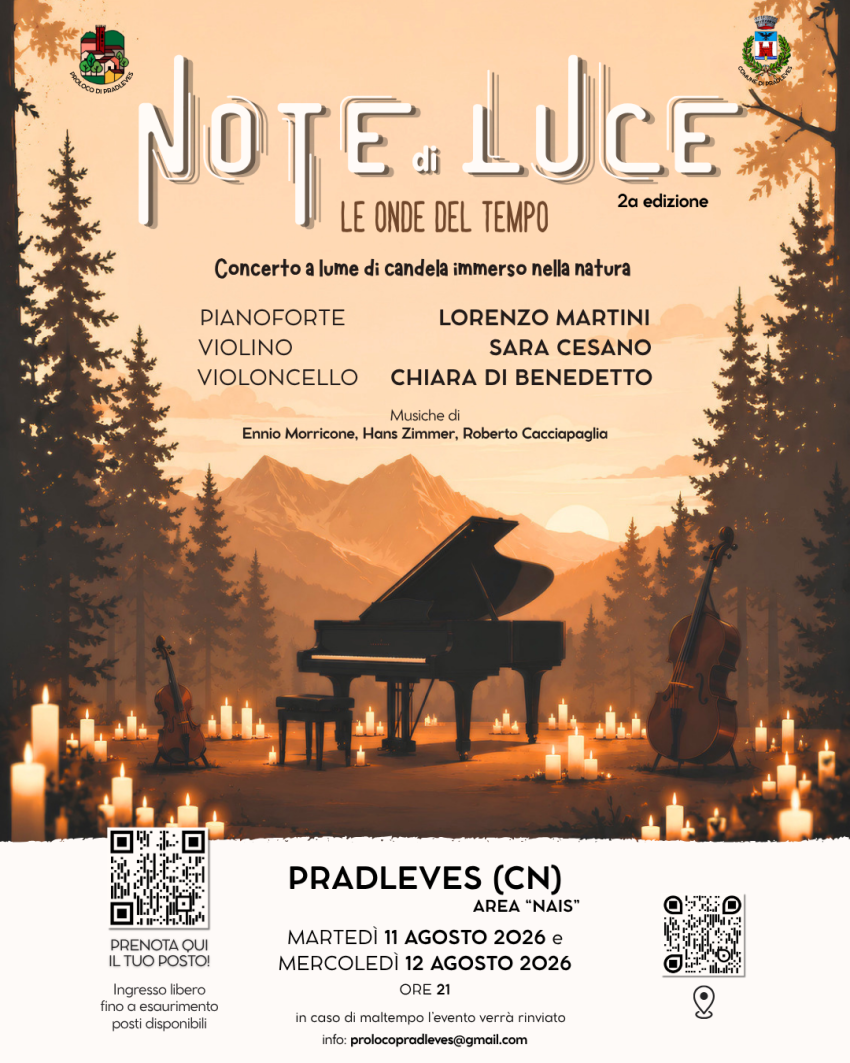 Note di Luce - Le Onde del Tempo - Area "Nais", Pradleves (CN) - Torna a Pradleves una serata in cui musica, natura e luce si incontrano.Immersi nel bosco, tra centinaia di candele e il profilo delle montagne al tra...