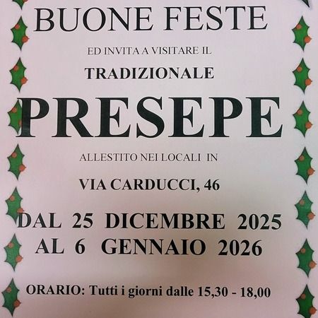 Presepe di Via Carducci - VIA CARDUCCI, 46, Imperia (IM) - LA COMPAGNIA DI VIA CARDUCCI INVITA A VISITARE IL TRADIZIONALE PRESEPE 
ALLESTITO NEI LOCALI IN VIA CARDUCCI, 46.
DAL 25 DICEMBRE 2025 AL 6 GENNAIO...