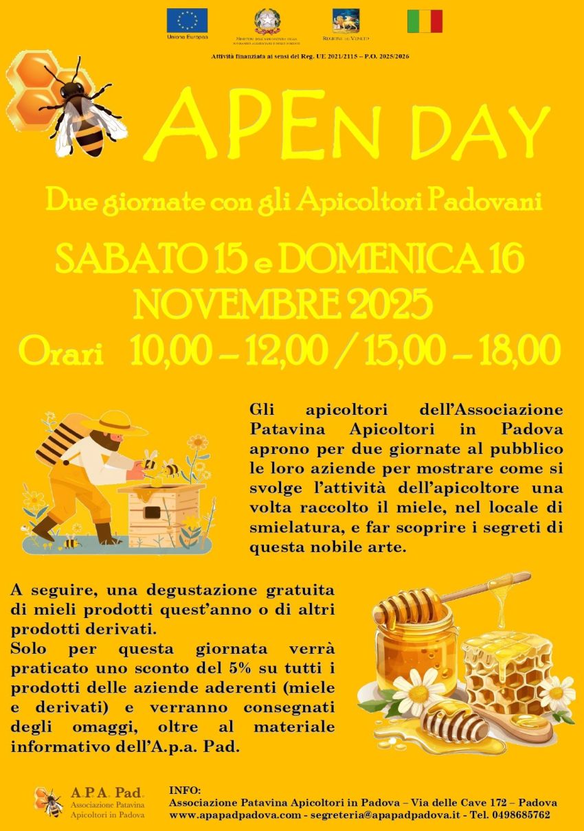 APEn Day - Vari, Padova (PD) - Sabato 15 e domenica 16 novembre saranno le giornate APEN DAY! 
Gli apicoltori dell’Associazione Patavina Apicoltori in Padova aprono al pubblico le l...