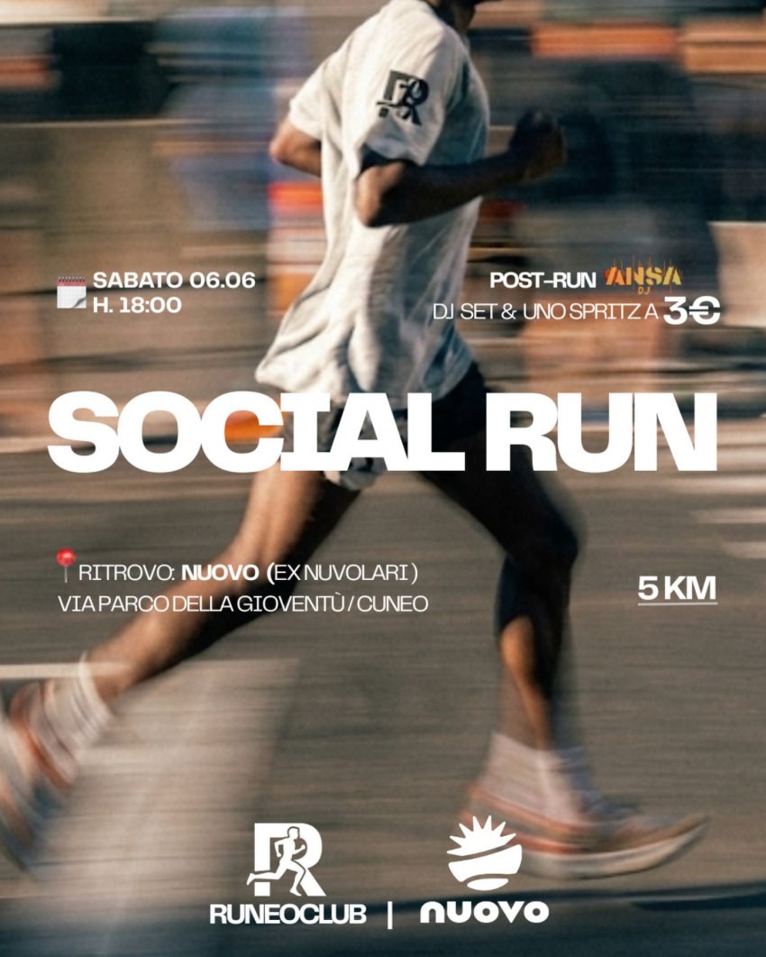 SOCIAL RUN + DJ SET e APERITIVO - Via Parco della Gioventù (NUoVO Cuneo), Cuneo (CN) -  

Sabato 06.06 — we are more than a Run Club.
Il sabato sera stavolta inizia correndo. 🚀Tutte le Info in locandina per un post-run che si rispetti🍹...