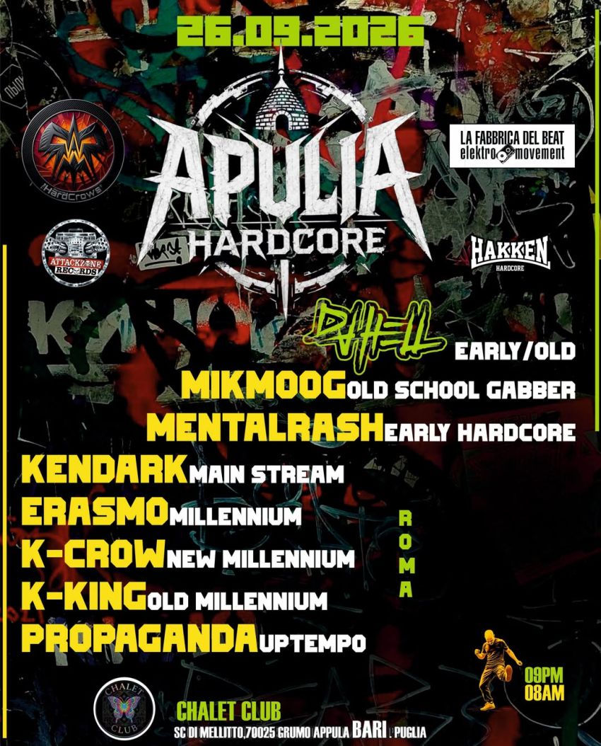 APULIA HARDCORE - SC di Mellitto (CHALET CLUB), Grumo Appula (BA) - 🚨 APULIA HARDCORE — IL RITORNO DELLA VERA HARDCORE IN PUGLIA! 🚨Per la primissima volta un’unione mai vista prima: La Fabbrica del Beat x HardCrows,...
