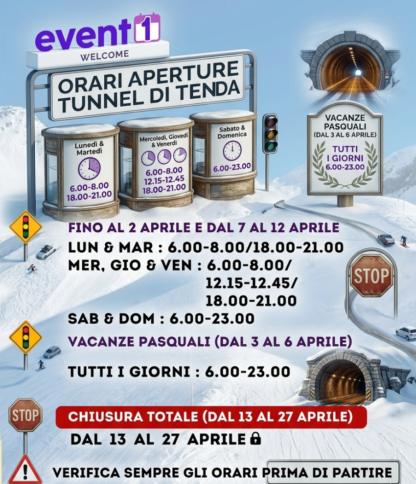 APERTURE TUNNEL DI TENDA - ORARI - Colle di Tenda, Limone Piemonte (CN) - Orari Colle di Tenda aggiornati: apertura, chiusure e transito
Se devi attraversare il Colle di Tenda, è fondamentale conoscere gli orari aggiornati d...