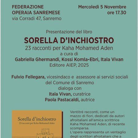 Presentazione libro - FEDERAZIONE OPERAIA SANREMESE   via Corradi 47, Sanremo (IM) - Mercoledì 5 Novembre ore 17.30 FEDERAZIONE OPERAIA SANREMESE via Corradi 47, Sanremo Presentazione del libro SORELLA D' INCHIOSTRO - 23 racconti per K...