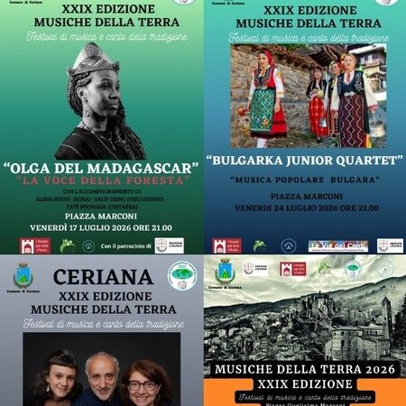 Festival Musiche della Terra - piazza Marconi, Ceriana (IM) - Festival Convegno Musiche della Terra 2026
Anche quest'anno, in occasione del Festival “Musiche della Terra”, l’ Amministrazione comunale e il Comita...