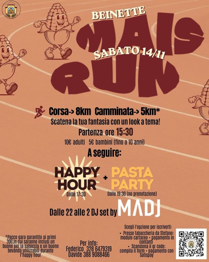 MAIS RUN - Centro città e dintorni, Beinette (CN) - Siete pronti? sta per arrivare la MAIS RUN! 🔥🌽Sabato 14/11 non prendere impegni: Beinette si trasforma in un campo da corsa (e da festa)!Che tu sia...