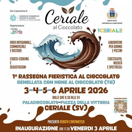 Ceriale al Cioccolato - Piazza della Vittoria, Ceriale (SV) - 🍫 Ceriale al Cioccolato 2026
Dal 3 al 6 aprile arriva a Ceriale la prima rassegna fieristica dedicata al cioccolato: degustazioni, choco-cooking, la...