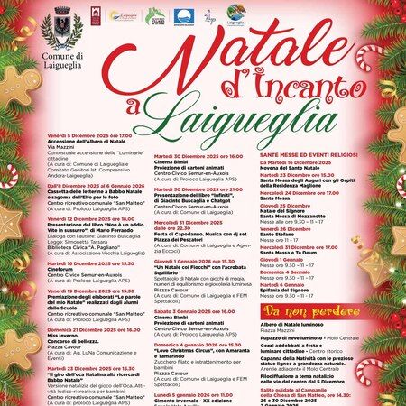 Cinema Bimbi - Centro Civico Semur-en-Auxois, Laigueglia (SV) - NATALE D’INCANTO A LAIGUEGLIA
Martedì 30 Dicembre 2025 ore 16.00
Cinema Bimbi
Proiezione di cartoni animati
Centro Civico Semur-en-Auxois
(A cura...