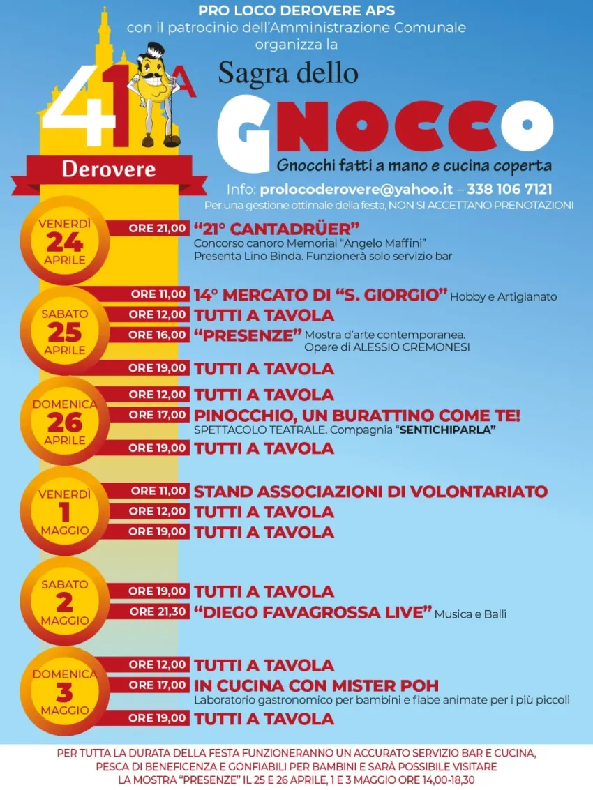 41a Sagra dello Gnocco - Centro città, Derovere (CR) - 
 


🎉 41ª Sagra dello Gnocco🎉I nostri gnocchi stanno tornando🤩🥳Anche quest'anno vi aspettiamo numerosi!!
