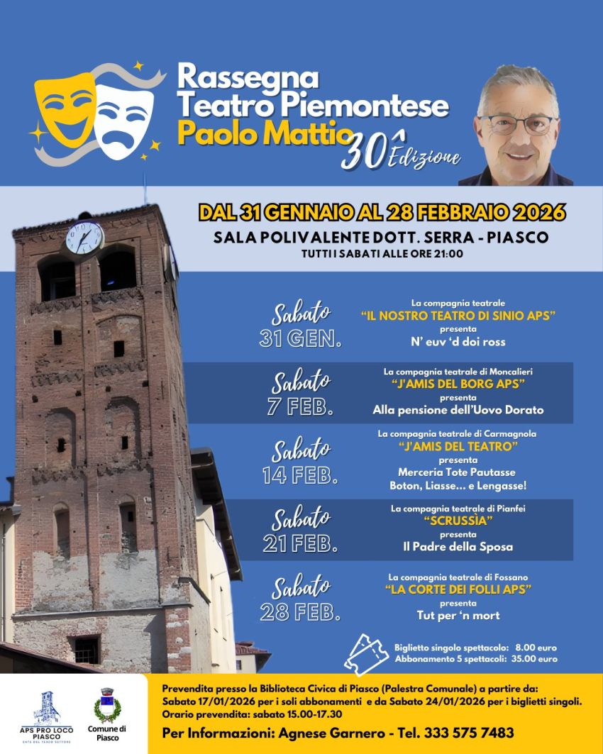 Rassegna di Teatro Piemontese - Sala Polivalente Dott. Serra, Piasco (CN) - 
🎭 𝐓𝐨𝐫𝐧𝐚 𝐥𝐚 𝐑𝐚𝐬𝐬𝐞𝐠𝐧𝐚 𝐝𝐢 𝐓𝐞𝐚𝐭𝐫𝐨 𝐏𝐢𝐞𝐦𝐨𝐧𝐭𝐞𝐬𝐞 𝐚 𝐏𝐢𝐚𝐬𝐜𝐨! 🎭Alla Sala Polivalente Dott. Serra prende il via la 30ª edizione della storica rassegna in lingu...