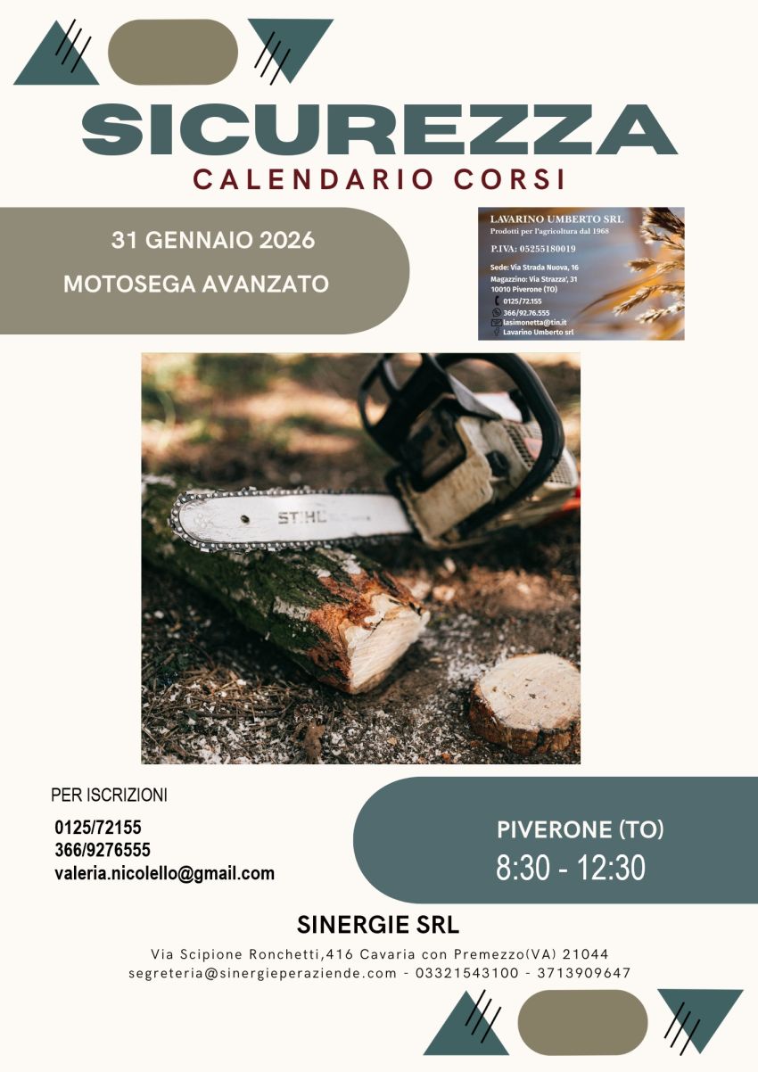 Corso Sicurezza Motosega – Piverone (TO) – 31 Gennaio 2026 - Via Strazza 31, Piverone, 10010 (TO), Piverone (TO) - Corso Sicurezza Motosega – Piverone (TO) – 31 Gennaio 2026
Partecipa al corso teorico e pratico per l’uso sicuro della motosega, pensato per privati,...