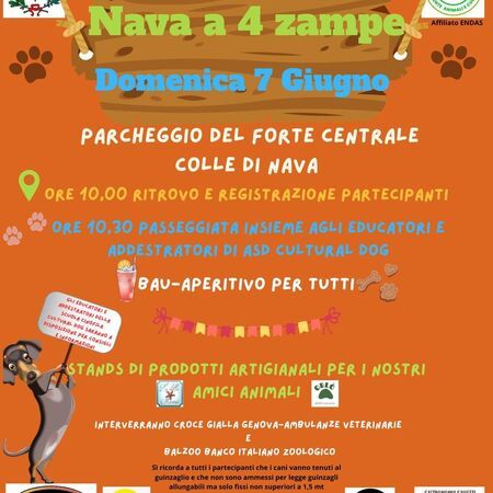 Nava a 4 zampe - PARCHEGGIO DEL FORTE CENTRALE, Pornassio (IM) - Comune di Porrassio  
Associazione Nova Kronos  
Nava a 4 zampe  
Domenica 7 Giugno  
PARCHEGGIO DEL FORTE CENTRALE  
COLLE DI NAVA  
ORE 10.00...
