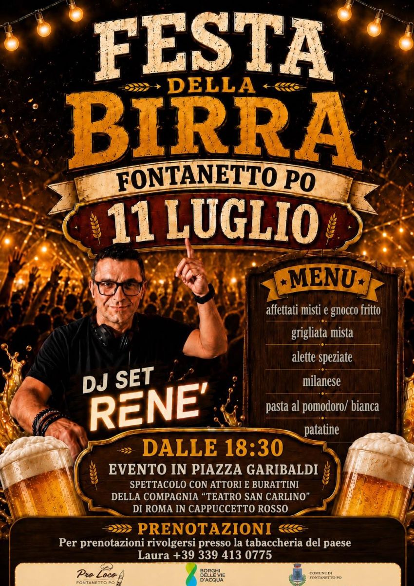FESTA DELLA BIRRA - Piazza Garibaldi, Fontanetto Po (VC) - 🍻 PRONTI PER LA FESTA DELLA BIRRA A FONTANETTO PO? 🍻
Il 11 Luglio Piazza Garibaldi si anima per una serata indimenticabile! 
Dalle 18:30, preparatev...