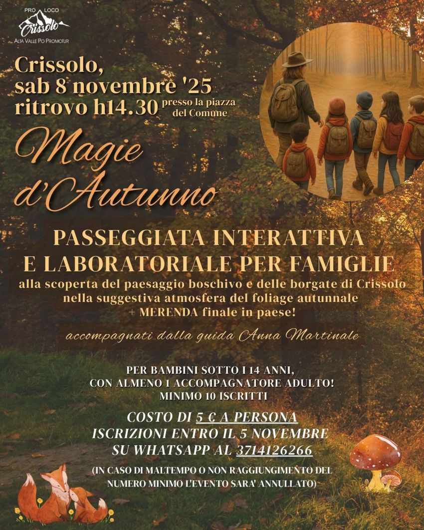 Magie d’Autunno - Piazza del Comune, Crissolo (CN) - 🍁 Magie d’Autunno a Crissolo – Sabato 8 Novembre 2025 🍂
Ritrovo alle ore 14:30 in Piazza del Comune
Vivi la magia dell’autunno a Crissolo con “Magie...