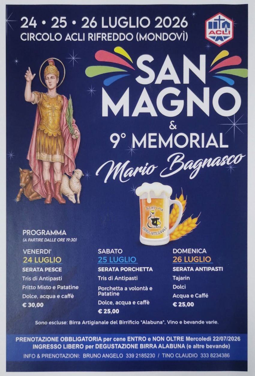 MEMORIAL MARIO BAGNASCO - Mondovì, Mondovì (CN) - Dal 24 al 26 luglio Rifreddo di Mondovì unisce i festeggiamenti di San Magno all'8° edizione del memorial Mario Bagnasco. A partire dalle 19.30, ogni...