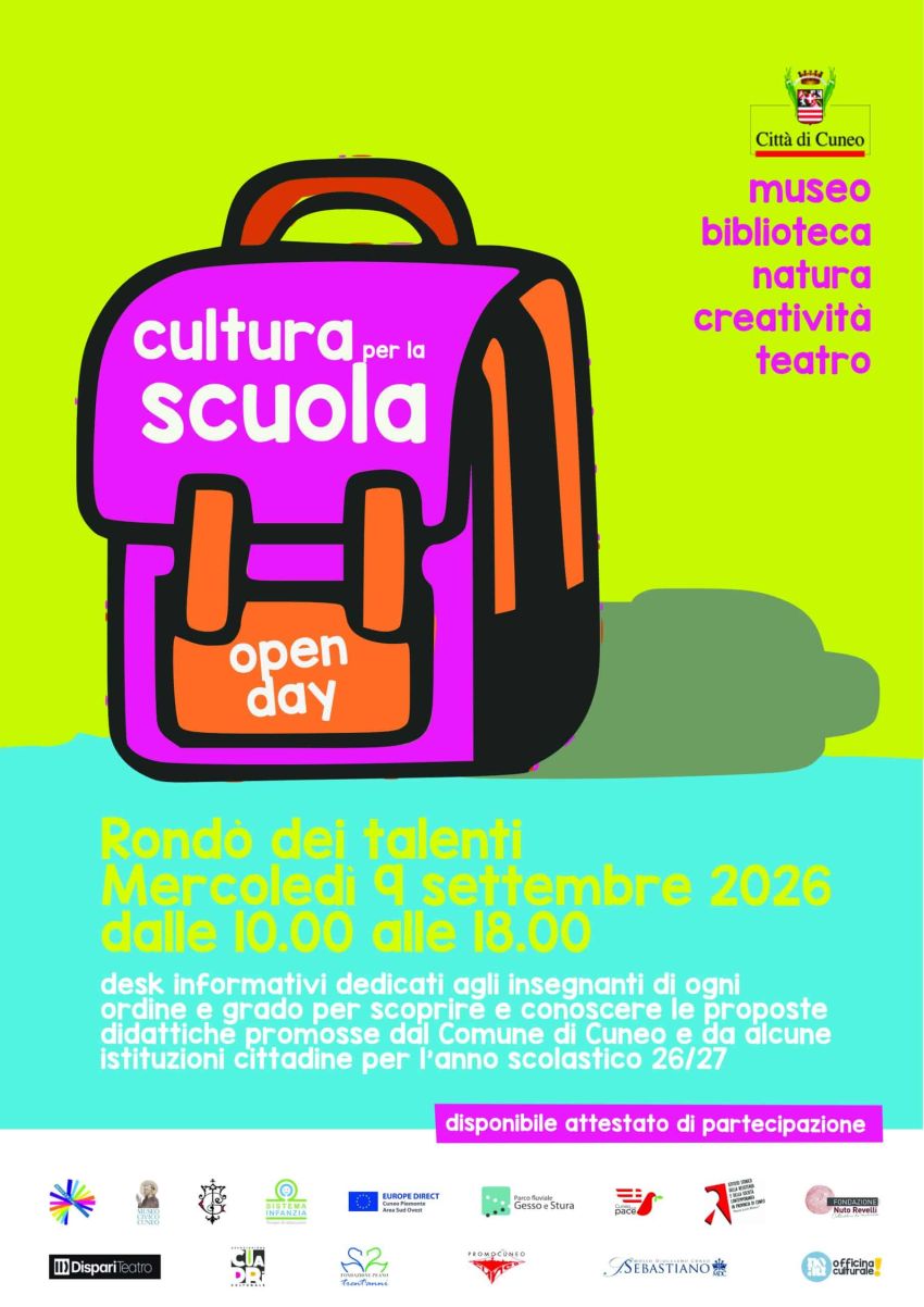 Cultura per la scuola - Rondò dei Talenti (via L. Gallo, 1), Cuneo (CN) - Attività e proposte didattiche per l’anno scolastico 2026/27 Anche quest’anno il Comune di Cuneo organizza una giornata di presentazione dell’offerta...